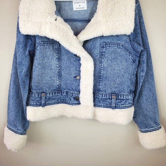 Celebrity Pink Size M Sherpa Button Up Denim Jean Jacket With Pockets - Picture 7 of 13